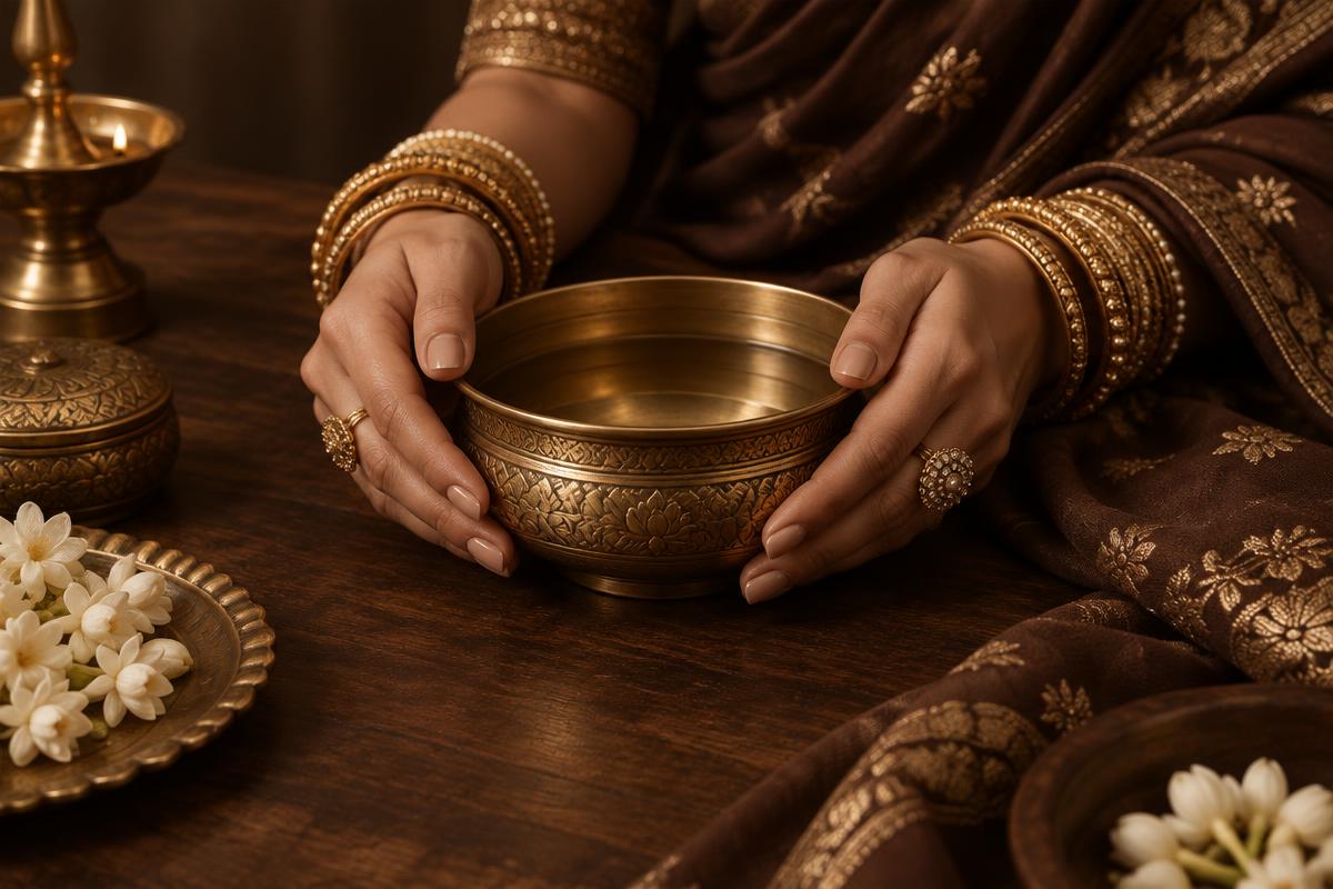 Hands wearing gold bangles gathered around rose petals during a wedding ritual