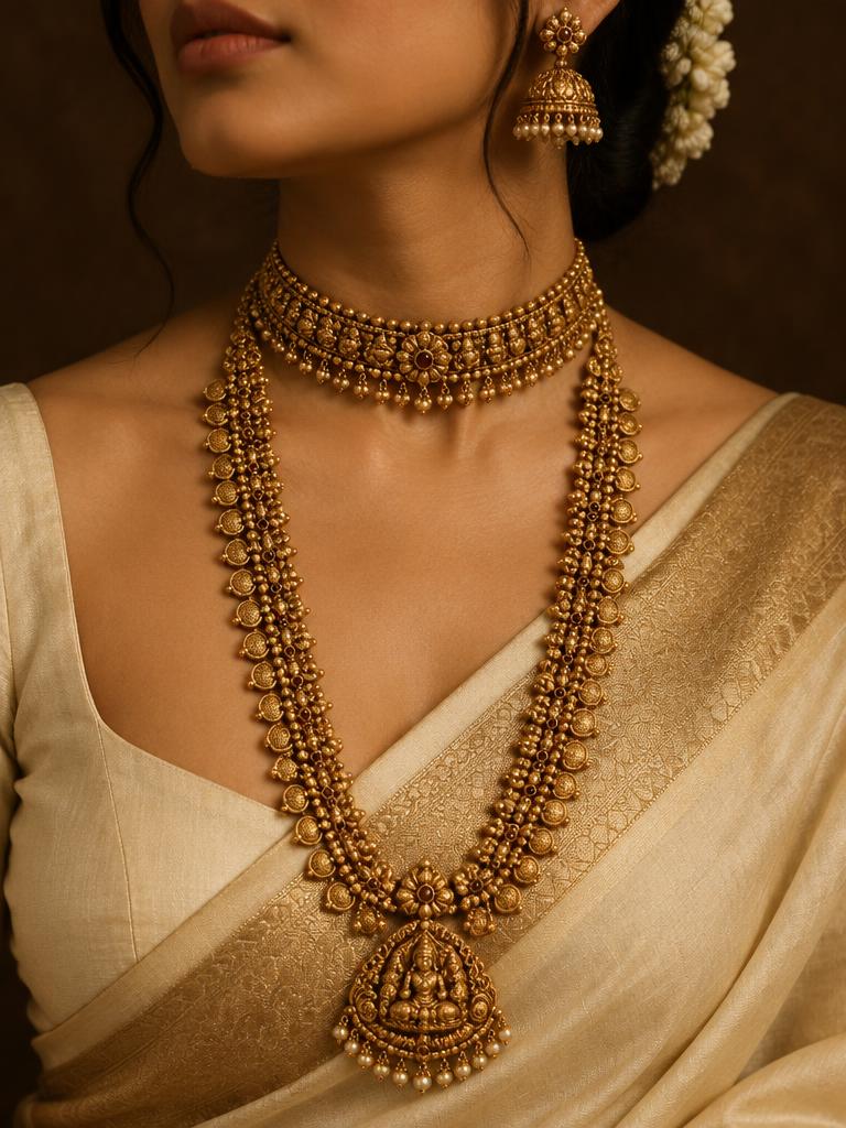 Intricate gold choker and layered necklace worn with a yellow silk sari