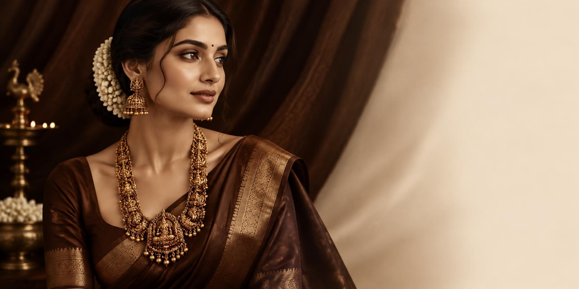 A bride in a brown silk saree wearing antique gold temple jewellery